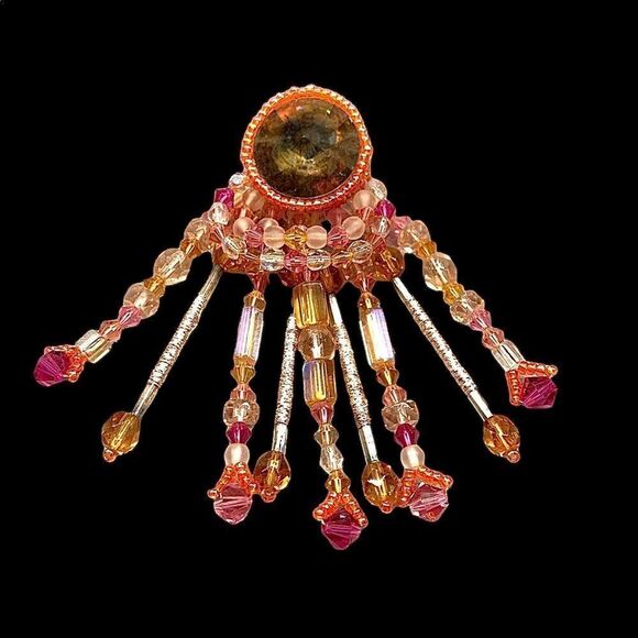 Hand beaded large orange amber chandelier earrings artisan made 3” x 2” pierced - Picture 7 of 7